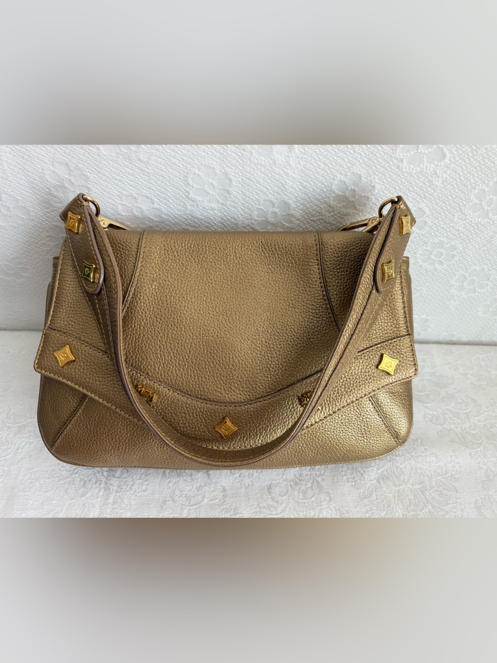 MCM Metallic Gold Pebbled Leather double sided shoulder Bag /clutch/gold studs